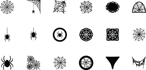 Halloween spider web silhouette vector icon set containing corner webs hanging spiders round networks and spooky gothic textures for holiday greeting cards party decorations © Ms
