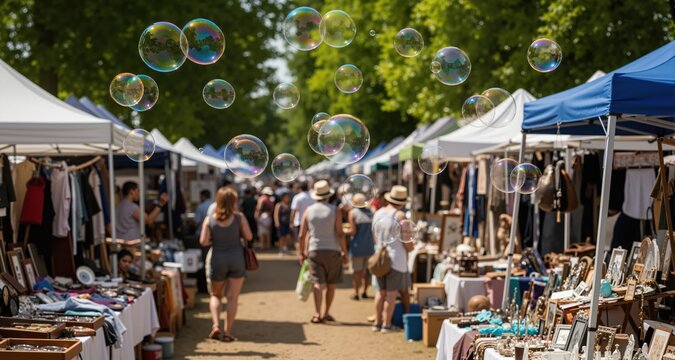 Soap bubbles floating in the air at a summer flea market
