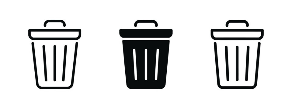 Trash can icon pack featuring outline, solid black and hand drawn rubbish bin symbols for cleaning and sanitation concepts.