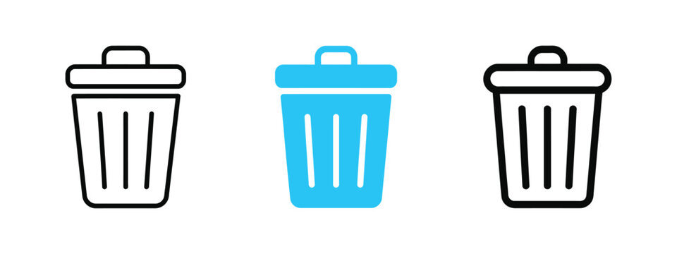 Trash can icon pack featuring outline, solid black and hand drawn rubbish bin symbols for cleaning and sanitation concepts.