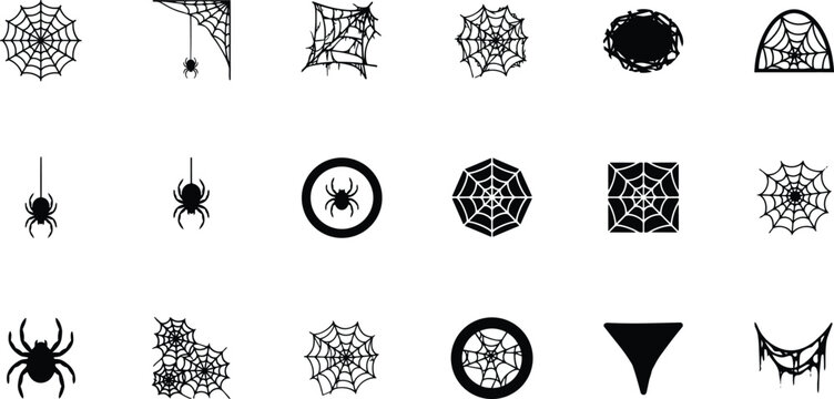 Halloween spider web silhouette vector icon set containing corner webs hanging spiders round networks and spooky gothic textures for holiday greeting cards party decorations