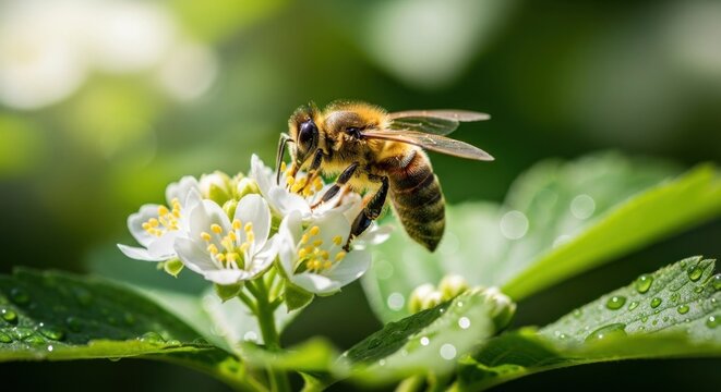 Honeybee collecting pollen from white flower.