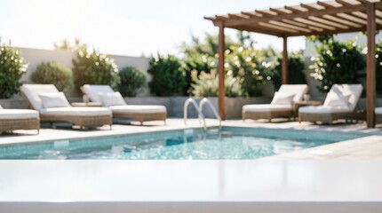 Obraz premium Luxury Poolside Lounge Area with Sunbeds and Pergola for Resort Design
