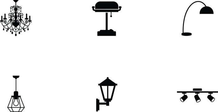 Home lighting fixtures and lamps silhouette vector icon set containing luxury chandelier banker desk lamp arched floor lamp ceiling pendant track lights and outdoor wall lantern