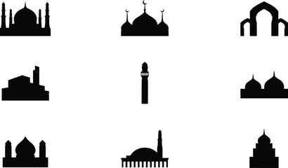 Islamic mosque silhouette vector icon set with traditional domes and minarets for Ramadan Kareem Eid Mubarak greeting card design and website UI decoration © Ms