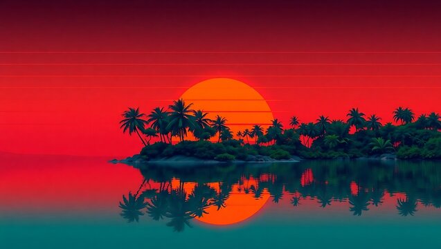 Synthwave style tropical island with palm trees silhouette at sunset over calm ocean water