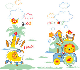 Fototapeta premium Friendly lion and little sheep taking care of plants in a blooming garden, lovely hobby vector illustration for nursery
