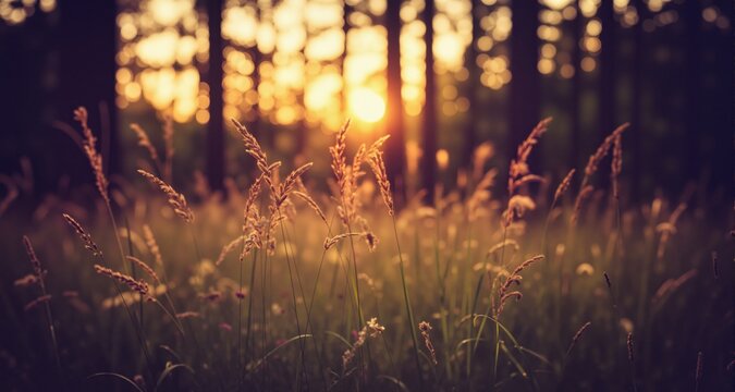 Wild grass in the forest at sunset, macro, shallow depth of field, abstract summer nature background with vintage filter.
