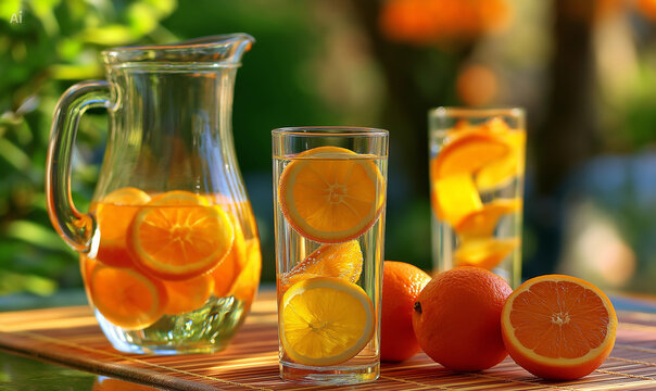 Fresh orange water in glass jug