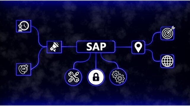 Sap Management System Network Animation with Business Process Icons and Digital Workflow Concept