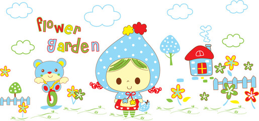 Fototapeta premium Cute little girl and her best friend bear riding a bicycle together in the garden, happy childhood vector for kids