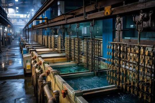 electroplating. Electroplating workshop with cathode rods moving over chemical baths. safety posters, maintenance manuals, designed for industrial assembly lines and welding operations.