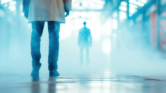 Mysterious scene featuring person coat standing foggy environment, with shadowy figure background. atmosphere evokes intrigue and suspense