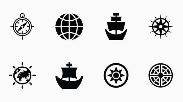 Adventure and exploration icons with globes ships and compasses.