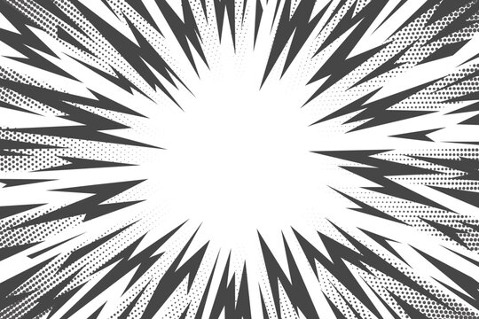 Dynamic comic burst with radial speed lines and explosive energy rays. Manga, cartoon backgrounds and action graphic design with bold comic style and halftone effect. Vector