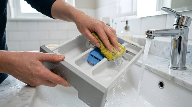 Hands cleaning washing machine tray isolated on transparent background