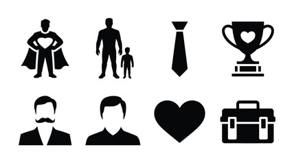 Father day theme icons with superhero figure parent and child trophy tie heart and briefcase. © SabitaRani