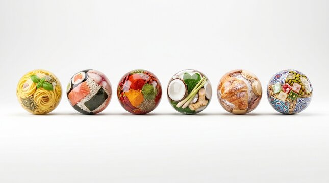 A collection of seven ultra realistic spherical objects representing various foods and dishes on a plain surface