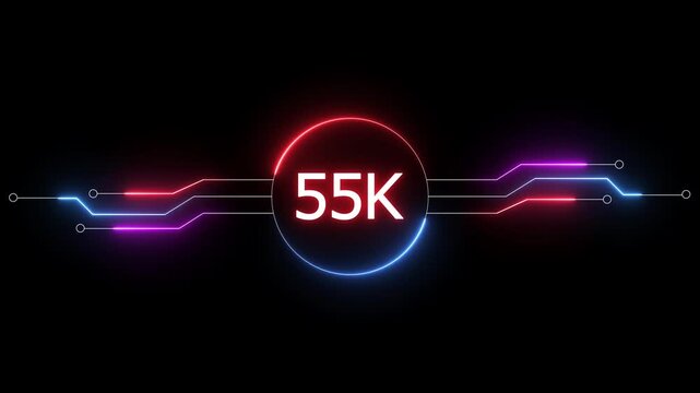 Neon social media followers or subscribers. Neon 55K celebration text animation background. on a black background. and creating a stunning 4k video.