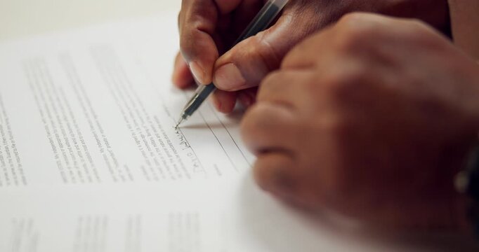 Hands, signature and person writing with contract, application and compliance form for loan. Approval, report and finance agreement with paperwork, banking membership and legal notary for title deed