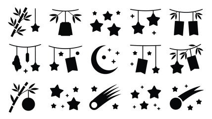 Celestial and festive icons with shooting stars moon and hanging tanzaku paper ornaments. © SabitaRani