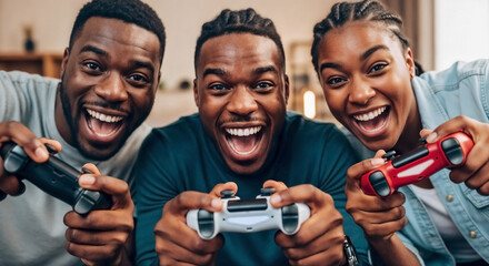 Obraz premium Joyful African American friends gaming, holding controllers, cheering with big smiles. Young diverse friends gaming together, sharing exciting moments, celebrating success in play.