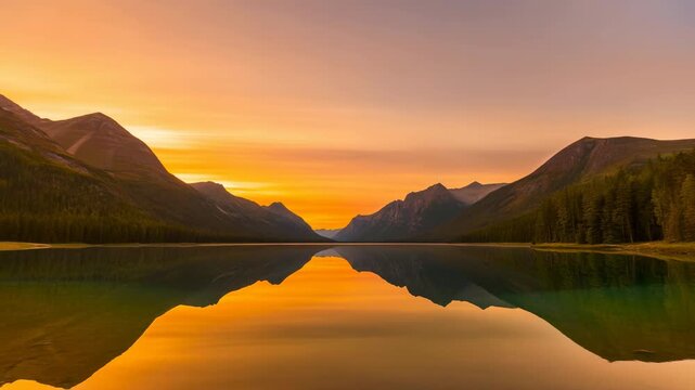 Golden sunset over mirror mountain lake with symmetrical valley reflection and low waterfront