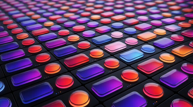 Grid of illuminated buttons in red, blue, and purple hues, representing digital interface elements, game controls, or abstract geometric patterns, symbolizing interaction and technology