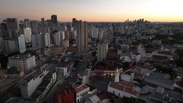 Downtown Curitiba, Paran&aacute;. Aerial view at sunset.