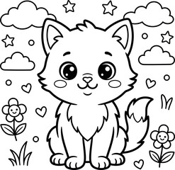 Obraz premium Cute cartoon kitten with clouds stars and flowers in background