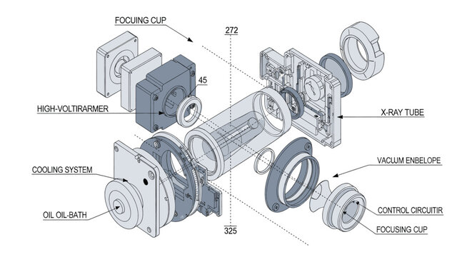 Vector illustration of detailed diagram of xray tube components and parts labeled