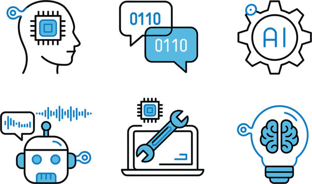 Artificial intelligence line icon set with modern digital technology concept, robot, machine learning and cyber brain