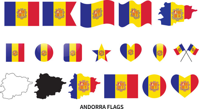 Andorra Flag Collection with Map Shape, Heart Symbol, Round Badge and Waving Flags