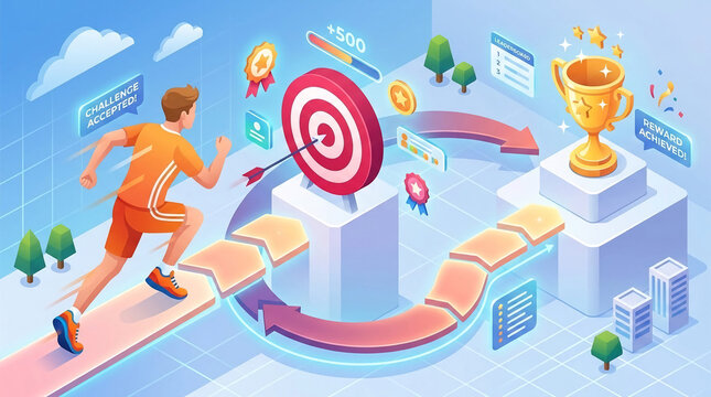 Running figure accepting challenge towards a target, symbolizing achievement, reward, and competition. Representative of goal attainment and progress.