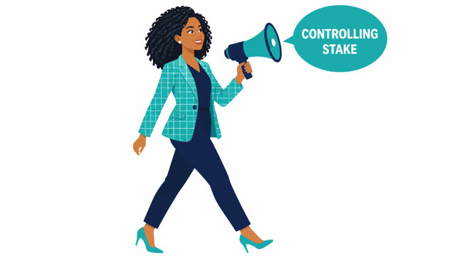 Confident businesswoman holding megaphone with controlling stake text.