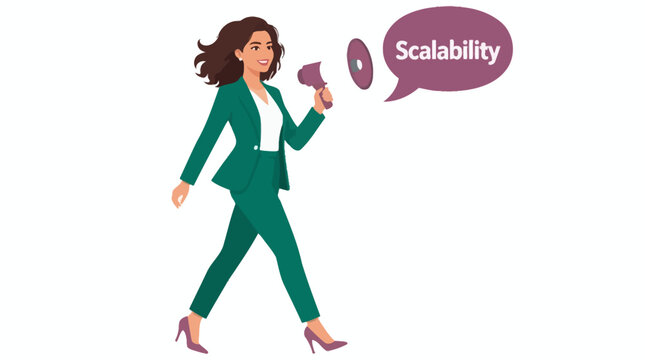 Confident businesswoman holding megaphone and scalability speech bubble.
