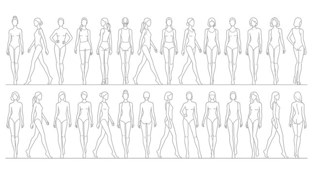 Vector illustration of collection of various female figure sketches in different poses and outfits