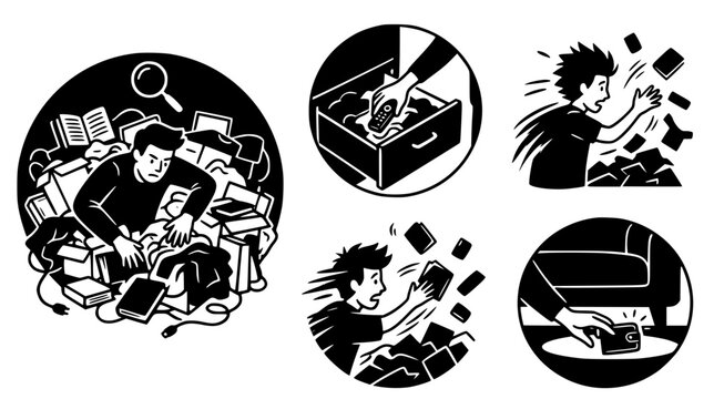 Man searching for lost items in cluttered room and drawer with chaotic background in expressive black and white hand drawn vector illustration style
