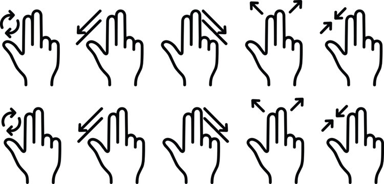 Two Finger Gesture Icon Set with Swipe, Zoom, Rotate, and Pinch Symbols in Outline Style for Touchscreen App Design Projects