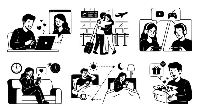 Long distance relationship and digital communication icons showing couples connecting via technology in modern black and white vector illustration style