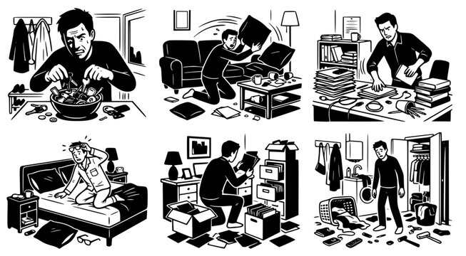 People struggling with clutter and disorganized home life in a black and white hand drawn vector illustration set depicting mess and stress in daily chores