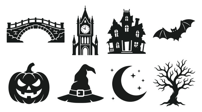 Collection of spooky halloween vector graphic elements featuring a haunted house a scary pumpkin a witch hat a crescent moon a bat a stone bridge a clock tower and tree