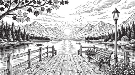 Fototapeta premium wooden dock, mountain lake, sunset landscape, lakeside pier, park bench, vintage lantern, street lamp, maple leaves, rowing boat, pine trees, forest shore, wooden deck, waterfront view, alpine mountai