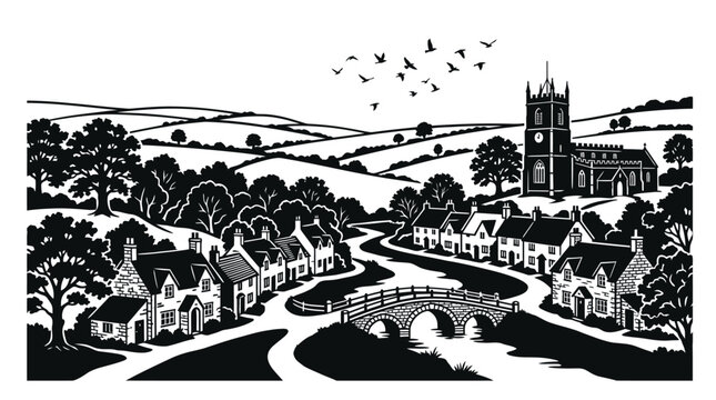 Elegant black and white vector illustration of a charming english countryside village featuring a historic stone church stone bridge flowing river rolling hills and birds flying in a bright sky