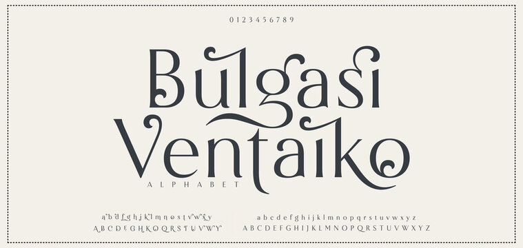 Bulgasi Ventaiko Beauty Luxury font alphabet logo. Typography beautiful fashion elegant classic letters serif italic fonts decorative wedding vintage blossom logos. vector illustration