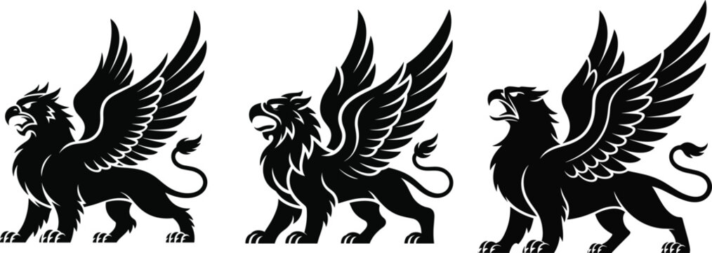 Black griffin silhouette vector set of three mythical creatures with large wings isolated on a plain white background