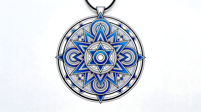 Blue-and-black sacred mandala geometry vector illustration, geometric protective amulet featuring a star symbol on a white background. AI generated.