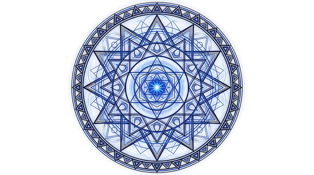 Blue-and-black sacred mandala geometry vector illustration, geometric protective amulet featuring a star symbol on a white background. AI generated.