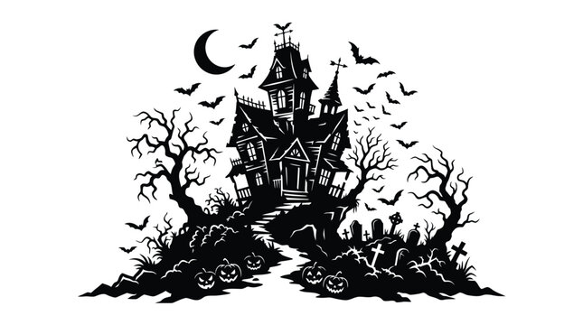 Spooky haunted mansion vector illustration featuring a dark silhouette of a creepy gothic house surrounded by crooked dead trees flying bats and glowing jack o lanterns under a crescent moon