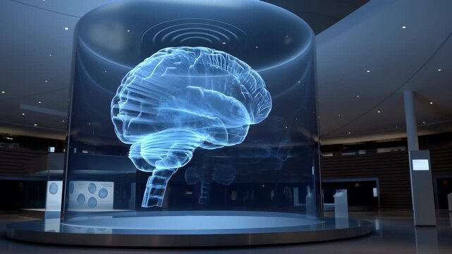 Holographic brain rotating inside transparent cylindrical museum exhibit with blue illumination